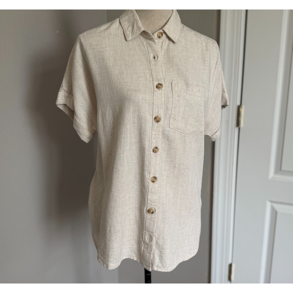 Soft Surroundings Shirt Women XS Oatmeal Linen Coastal Gran Lagenlook Cottage